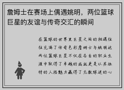 詹姆士在赛场上偶遇姚明，两位篮球巨星的友谊与传奇交汇的瞬间